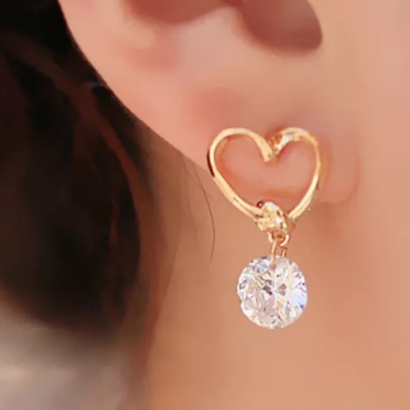 Open Heart Drop Single Round Diamond Gold Earrings - Picture 5 of 6